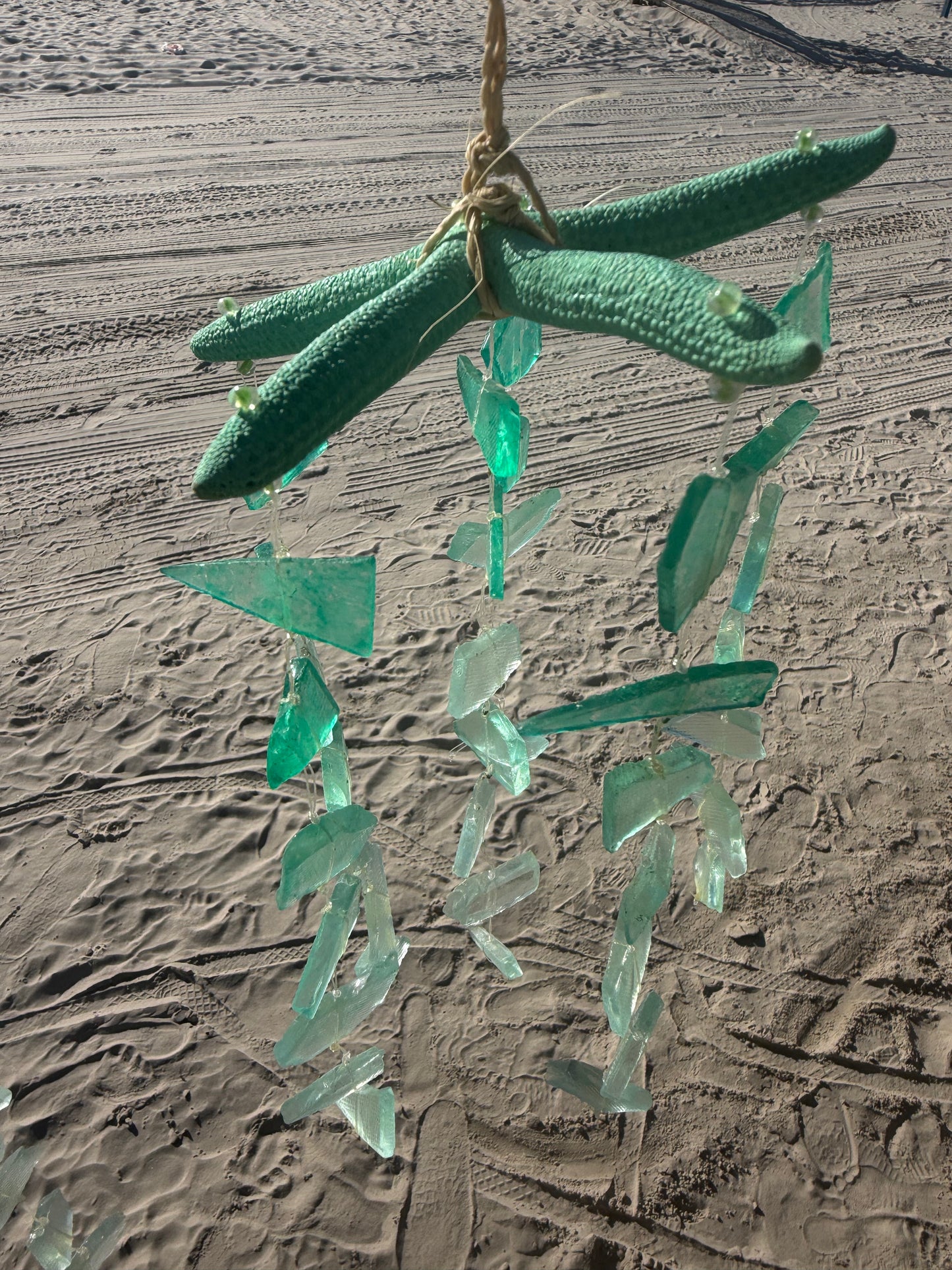 Green mint starfish with seaglass