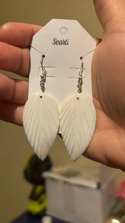 White leaf polished seashell hook earring